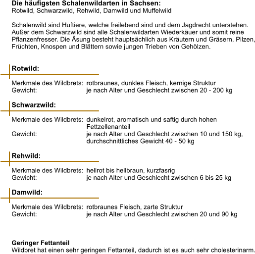 Die häufigsten Schalenwildarten in Sachsen: Rotwild, Schwarzwild, Rehwild, Damwild und Muffelwild  Schalenwild sind Huftiere, welche freilebend sind und dem Jagdrecht unterstehen. Außer dem Schwarzwild sind alle Schalenwildarten Wiederkäuer und somit reine Pflanzenfresser. Die Äsung besteht hauptsächlich aus Kräutern und Gräsern, Pilzen, Früchten, Knospen und Blättern sowie jungen Trieben von Gehölzen.   Rotwild:  Merkmale des Wildbrets:	rotbraunes, dunkles Fleisch, kernige Struktur Gewicht:			je nach Alter und Geschlecht zwischen 20 - 200 kg  Schwarzwild:  Merkmale des Wildbrets:	dunkelrot, aromatisch und saftig durch hohen  Fettzellenanteil Gewicht:			je nach Alter und Geschlecht zwischen 10 und 150 kg, 				durchschnittliches Gewicht 40 - 50 kg  Rehwild:  Merkmale des Wildbrets:	hellrot bis hellbraun, kurzfasrig Gewicht:			je nach Alter und Geschlecht zwischen 6 bis 25 kg  Damwild:  Merkmale des Wildbrets:	rotbraunes Fleisch, zarte Struktur Gewicht:			je nach Alter und Geschlecht zwischen 20 und 90 kg    Geringer Fettanteil Wildbret hat einen sehr geringen Fettanteil, dadurch ist es auch sehr cholesterinarm.